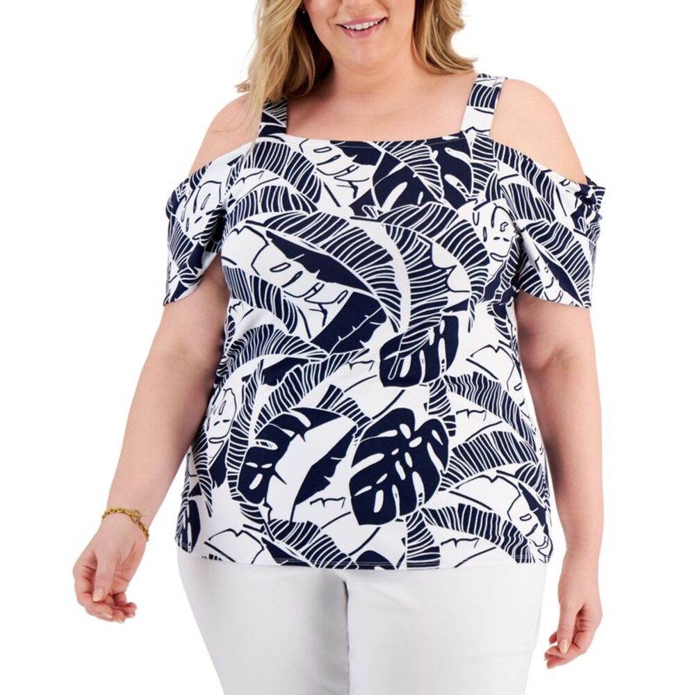 JM Collection Plus Size Printed Cold Shoulder Top